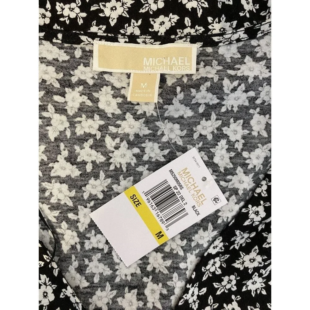 Michael Kors Women's MEDIUM Long Sleeve Print Wrap Top Floral Black White Blouse